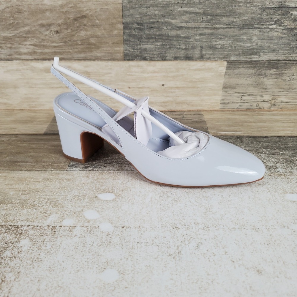 Calvin Klein White Patent Slingback Block Heel Sandals